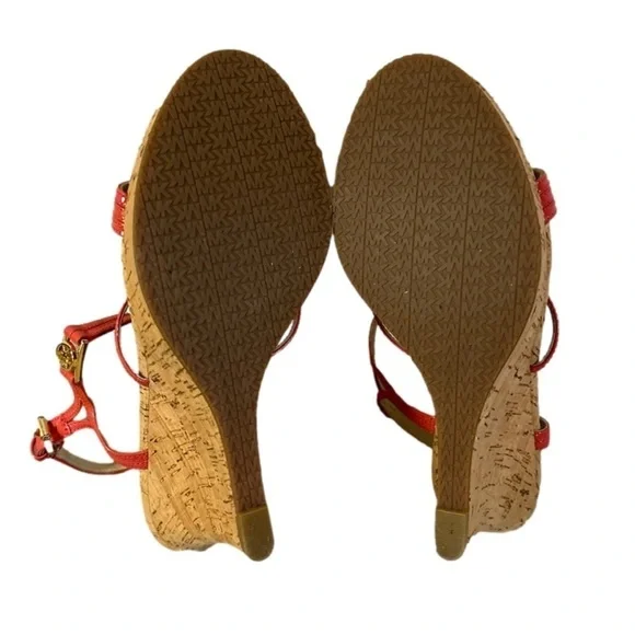 Michael Kors coral pink wedges with gold buckle MK strap size 7.5 - Picture 6 of 7